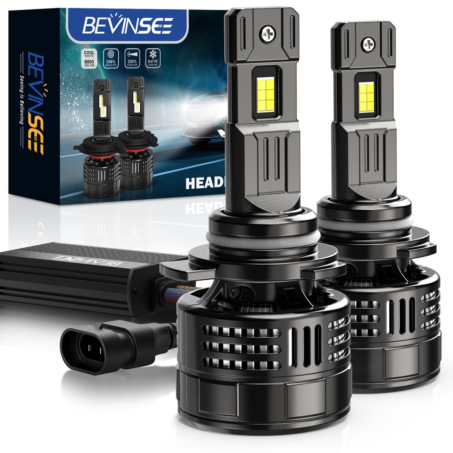 BEVINSEE V55 H15 LED Headlight Bulbs 6000K Super Bright White High Beam DRL Kit
