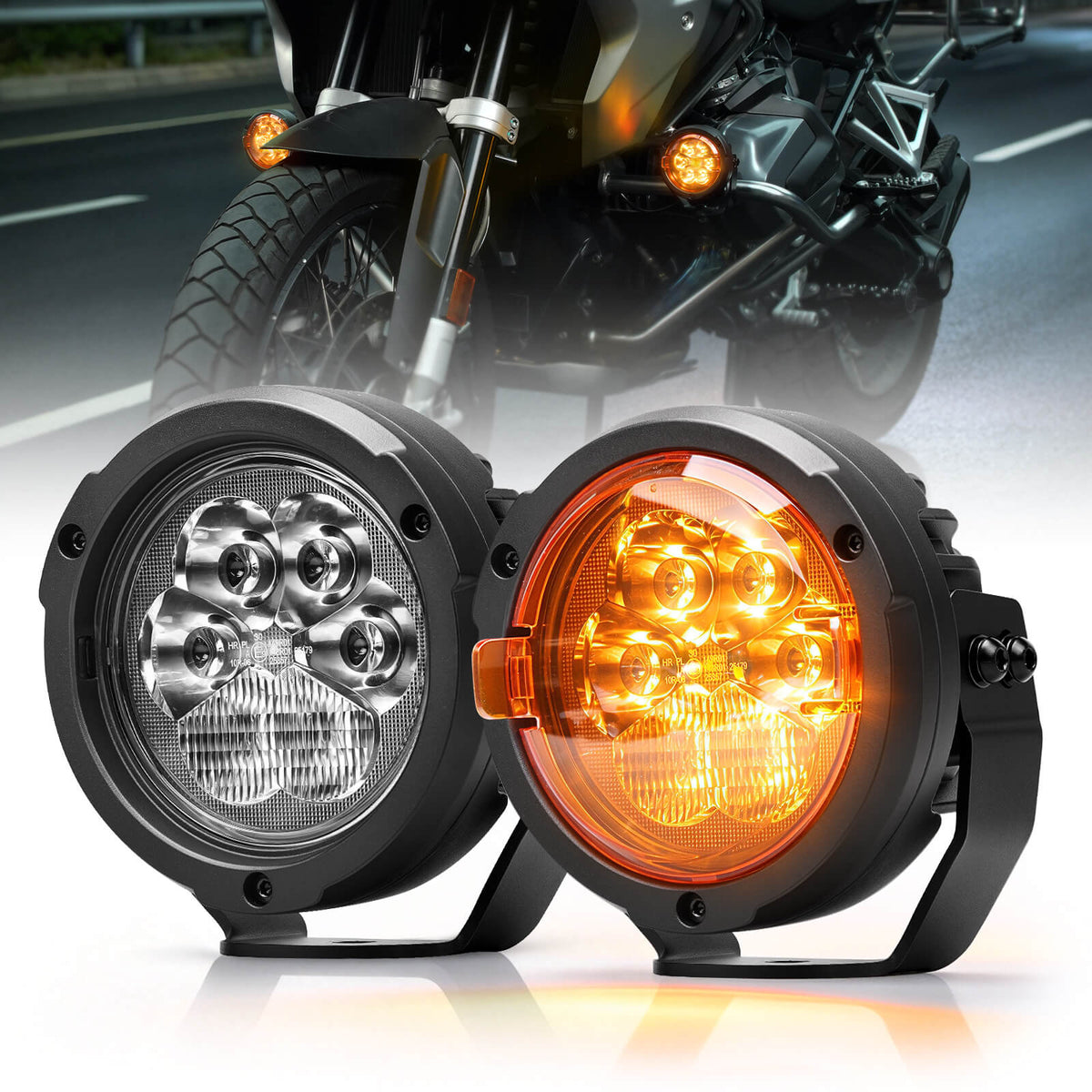 Fari ausiliari abbaglianti/anabbaglianti con luci diurne bianche e ambra per moto da turismo adventure e fuoristrada