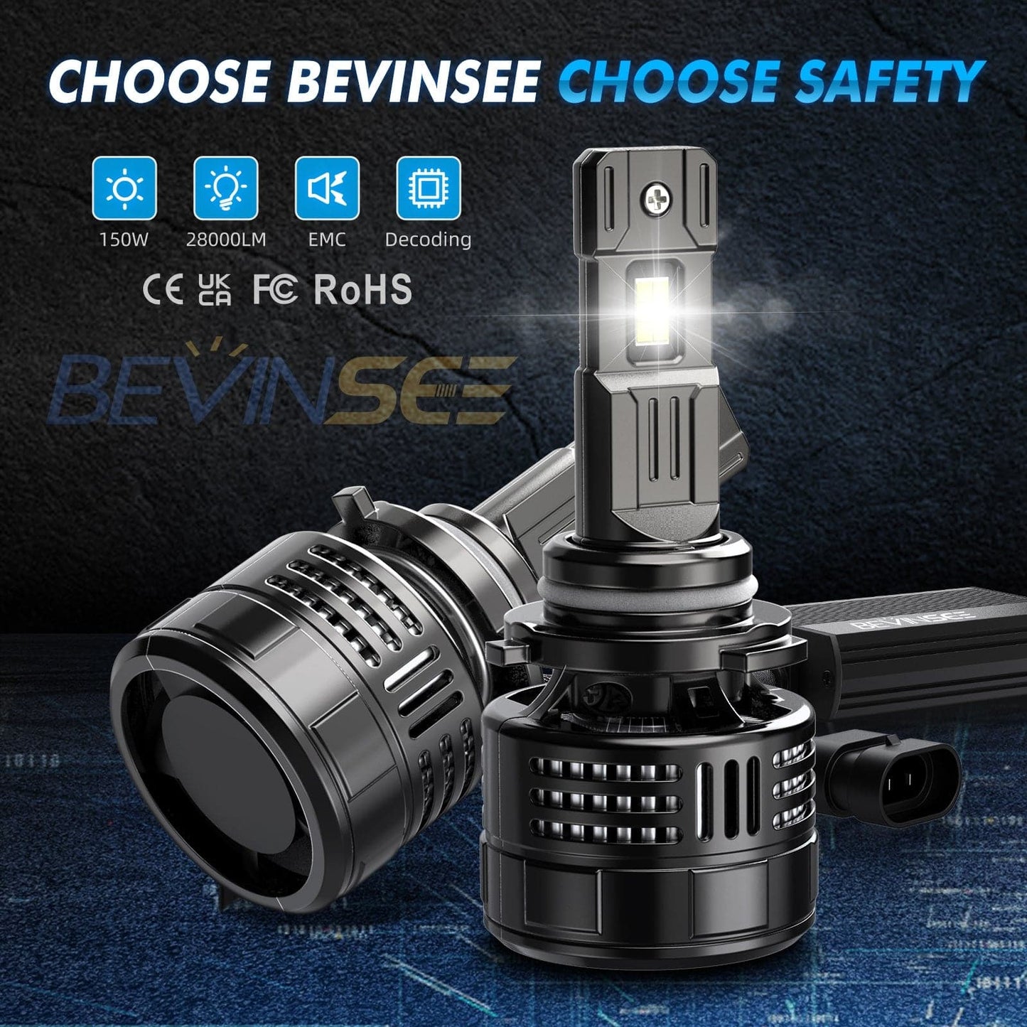 BEVINSEE V55 Upgrade 9006 LED Headlight Bulb 150W/Pair Halogen Replacement