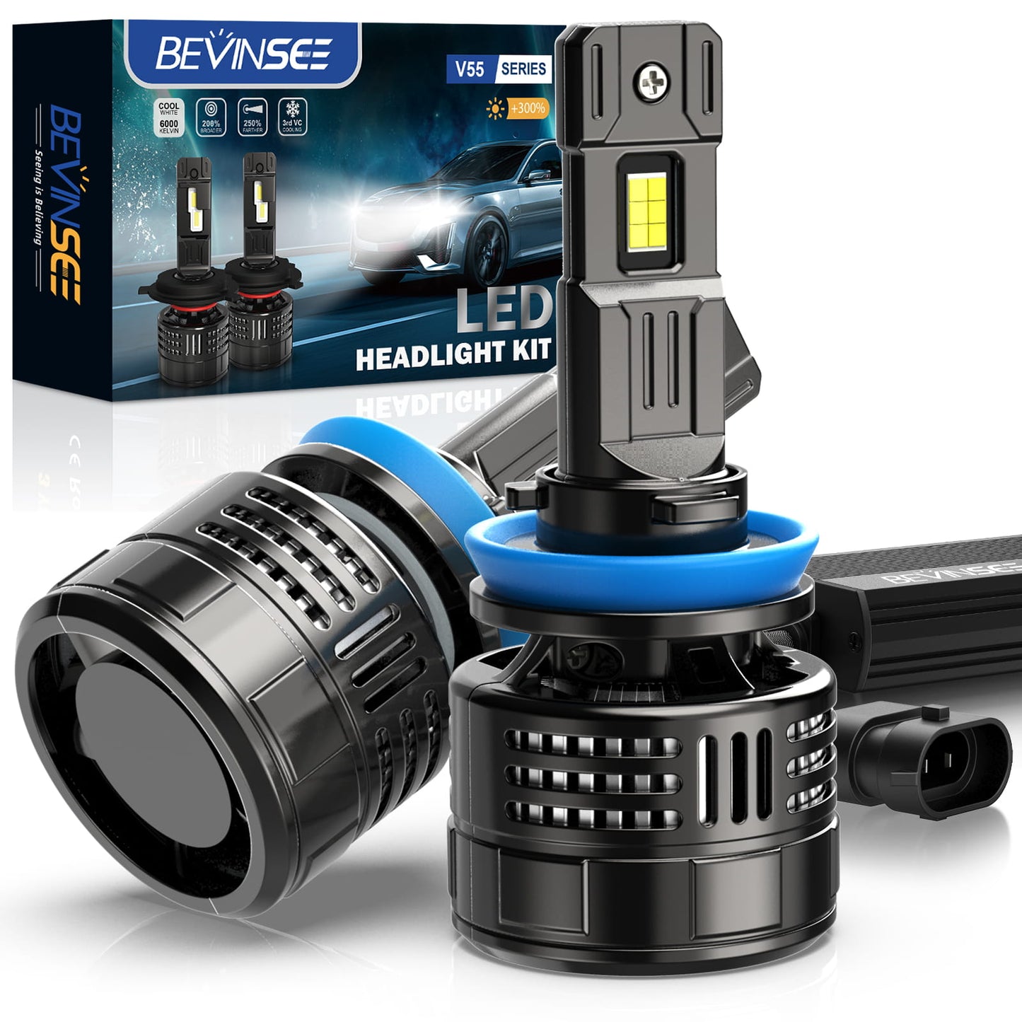 BEVINSEE V55 Upgrade H8/H9/H11 LED Headlight Bulb 150W/Pair 28,000 LM 6000K