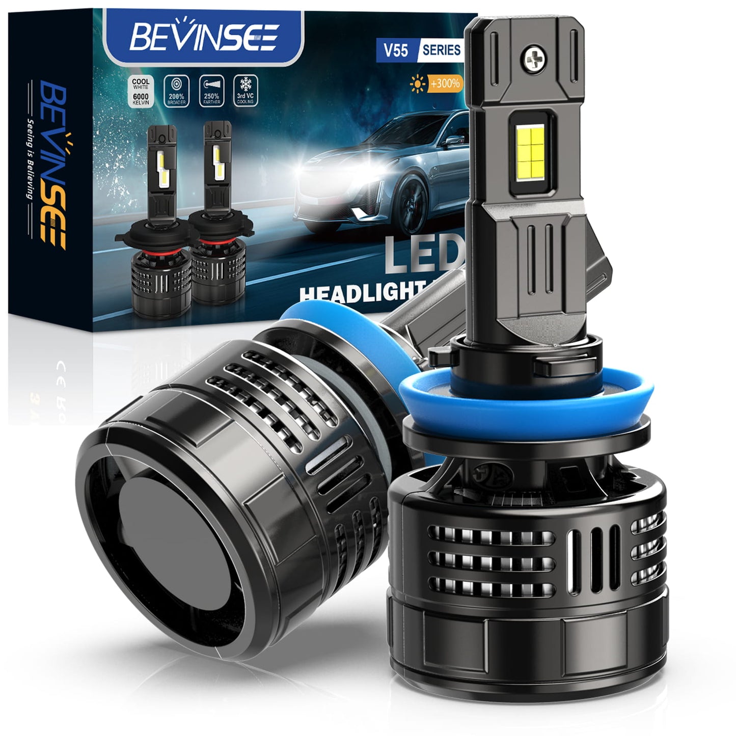 BEVINSEE V55 Upgrade H8/H9/H11 LED Headlight Bulb 150W/Pair 28,000 LM 6000K