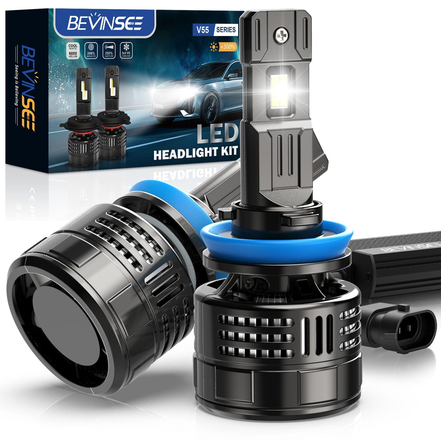 BEVINSEE V55 Upgrade H8/H9/H11 LED Headlight Bulb 150W/Pair 28,000 LM 6000K