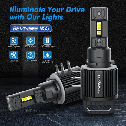 BEVINSEE V55 H15 LED Headlight Bulbs 6000K Super Bright White High Beam DRL Kit