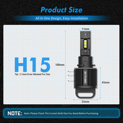 BEVINSEE V55 H15 LED Headlight Bulbs 6000K Super Bright White High Beam DRL Kit