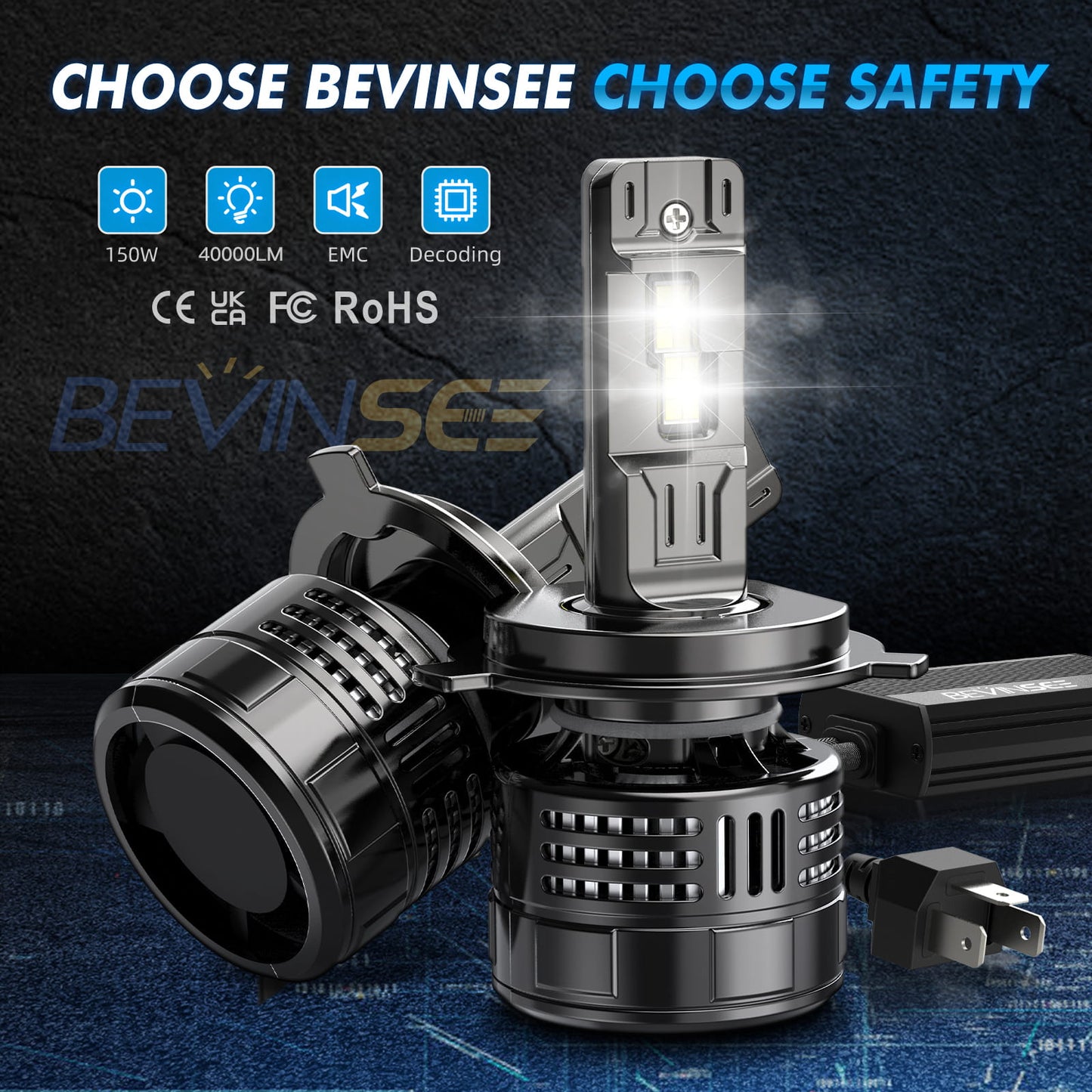 BEVINSEE V55 Upgrade H4/9003 LED Headlight Bulb 150W/Pair 28,000 LM 6000K