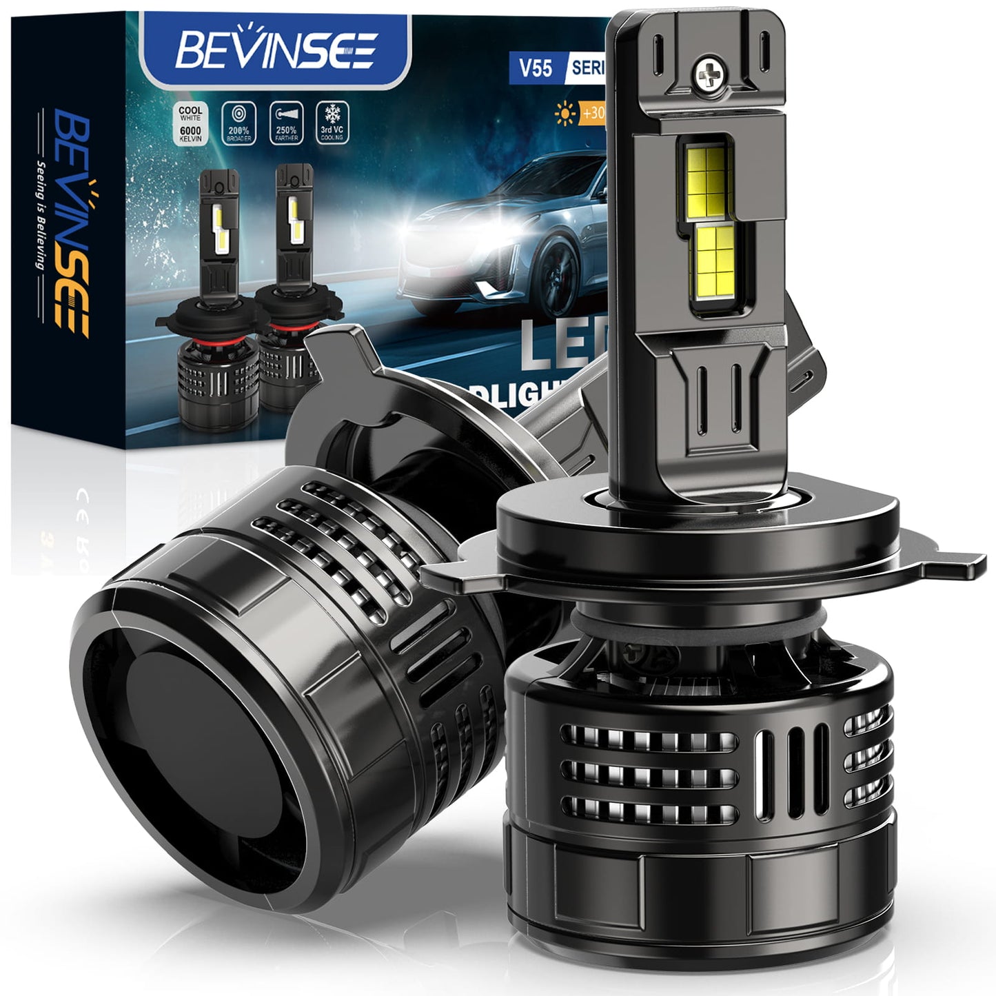 BEVINSEE V55 Upgrade H4/9003 LED Headlight Bulb 150W/Pair 28,000 LM 6000K