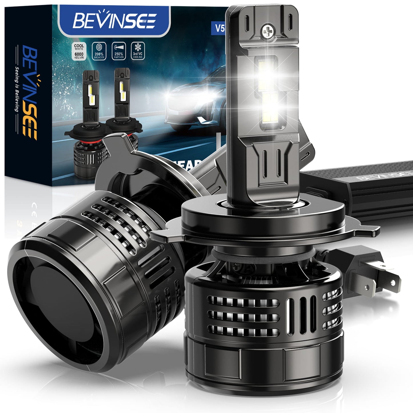 BEVINSEE V55 Upgrade H4/9003 LED Headlight Bulb 150W/Pair 28,000 LM 6000K