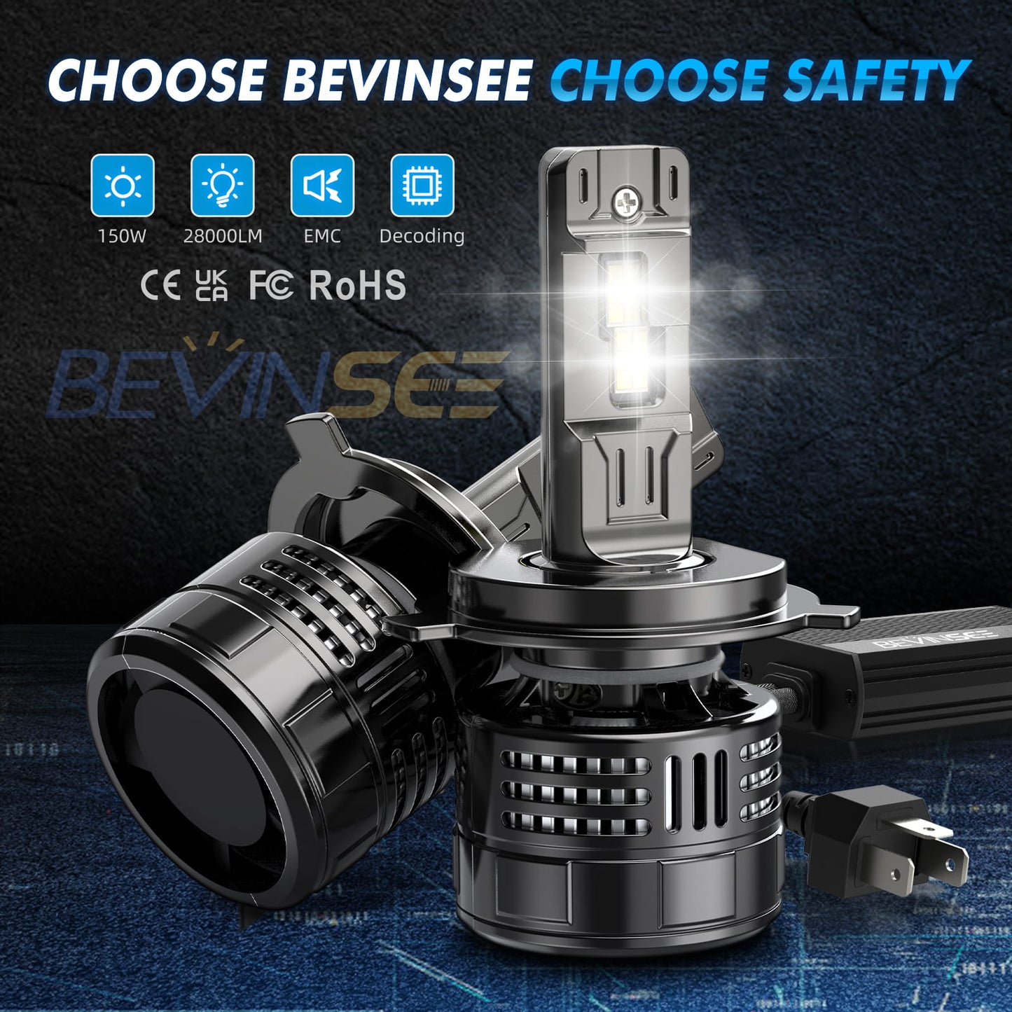 BEVINSEE V55 Upgrade H4/9003 LED Headlight Bulb 150W/Pair 28,000 LM 6000K