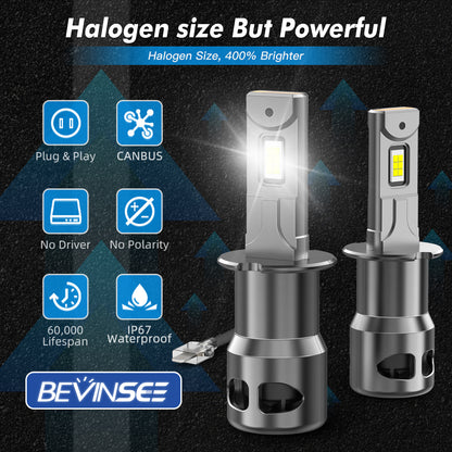 BEVINSEE Z26 H3 LED Headlight Fog Light Bulbs Canbus Error Free 6000K 12000LM